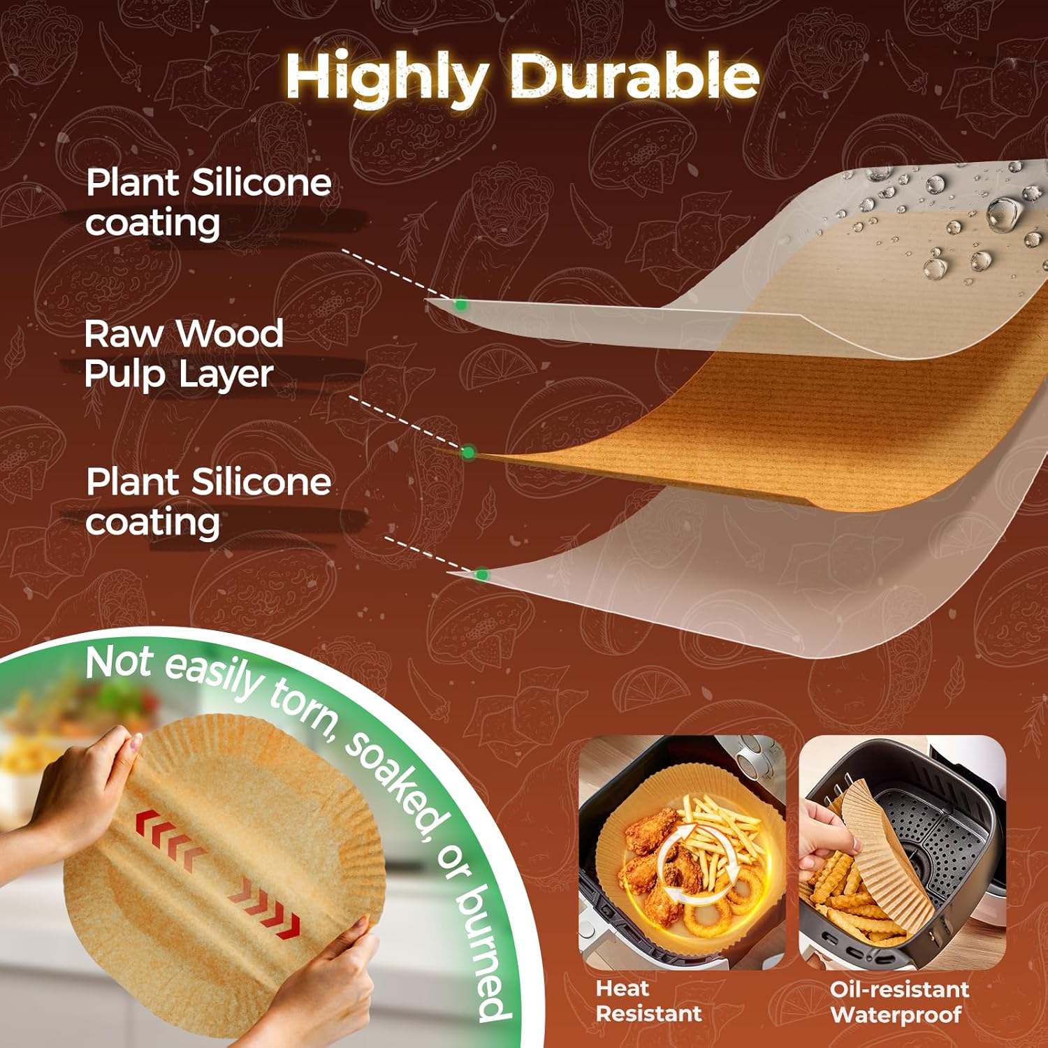 Air Fryer Liners - 150 Pcs Disposable Unbleached Parchment Paper | Non-Stick & Waterproof for 5-8 QT Baskets