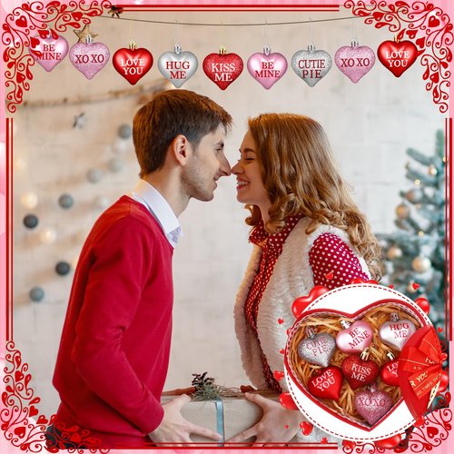 60 Pcs Valentine's Day Heart Hanging Ornaments Red Pink Sliver Glitter Tree Hanging Decorations Valentine Baubles Romantic Love XOXO Hug Me Tree Padent for Wedding Anniversary Decorations, 6 Styles