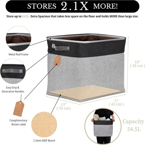 DECOMOMO Extra Large Fabric Storage Baskets - 54.5L Organizing Bins for Linen Closet | Grey & Black, XXXL (3 Pack)