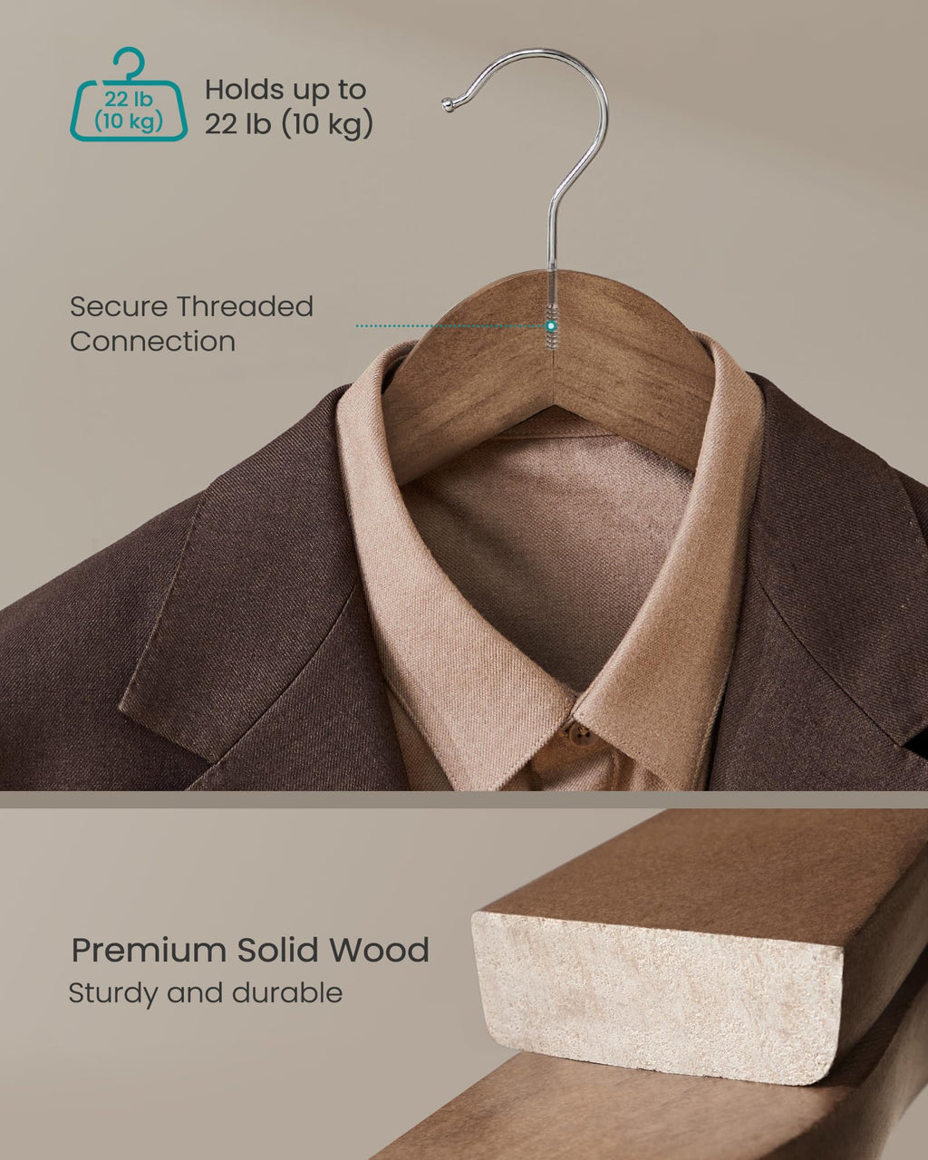 SONGMICS Extra Wide Wooden Suit Hangers, Set of 10 Clothes Hangers, Swivel Hooks, Non-Slip Bars, for Outfits, Suits, Coats, Shirts, Dresses, Walnut Color UCRW050KZ01