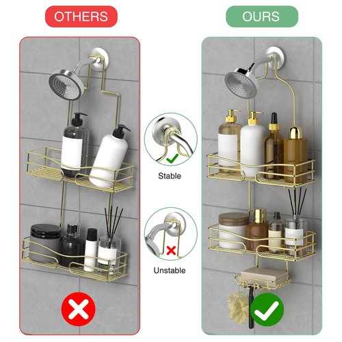 DAOYA Over the Shower Head Caddy - 3 Tier Shower Caddy Hanging, Gold Bathroom Organizer with Soap Holder & Hooks