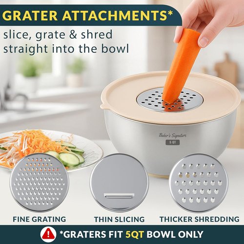 Baker's Signature Stainless Steel Mixing Bowls Set - 5 Sizes with Airtight Lids & Non-Slip Base | Khaki