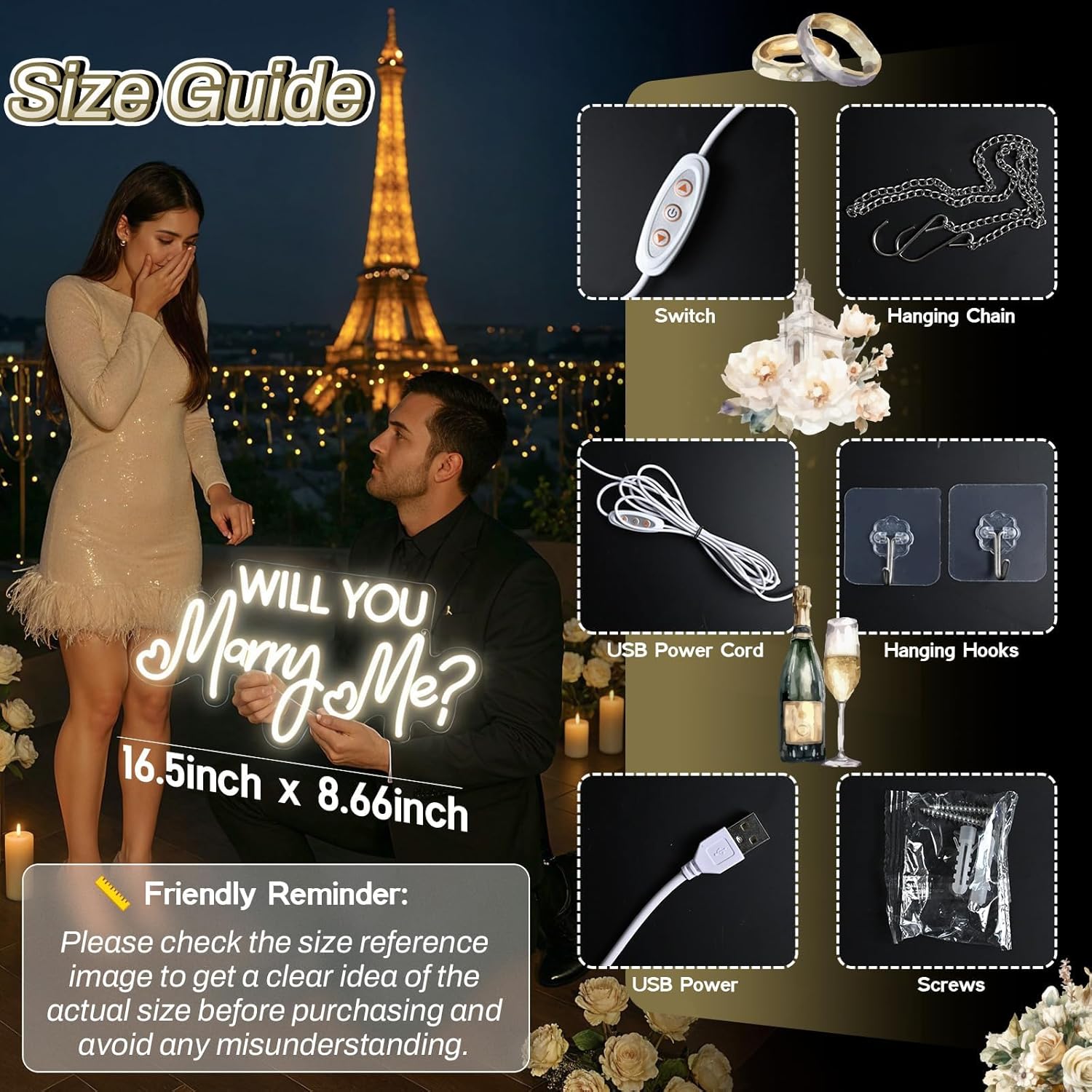 Will You Marry Me Neon Sign by [Brand Name] - 16.5 Inch Cool White LED Light for Wedding Proposals & Engagement Decor