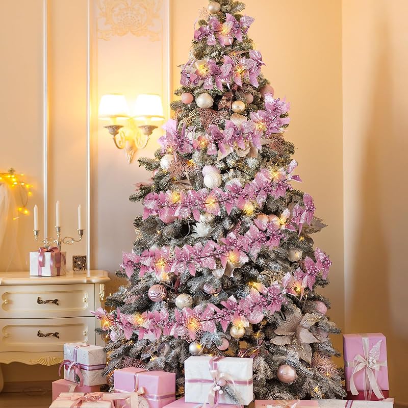 6ft Christmas Glitter Berry Garland with Lights - Pink Holly Leaves Decor