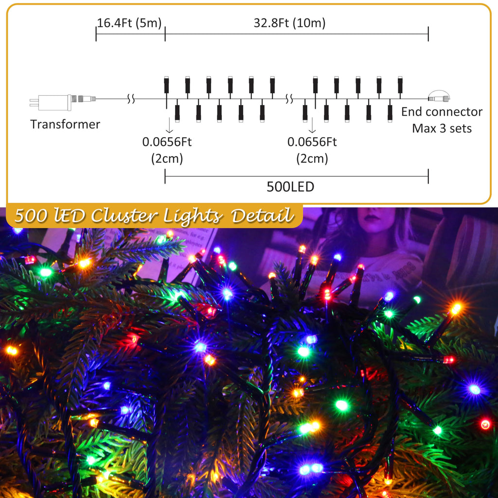 AWQ 500 LED 49 FT Christmas Cluster Lights, Multi & Warm String Lights Plug in with 11 Modes, Timer & Memory Function Extendable for Indoor Outdoor Wedding Party Christmas Decoration (500)