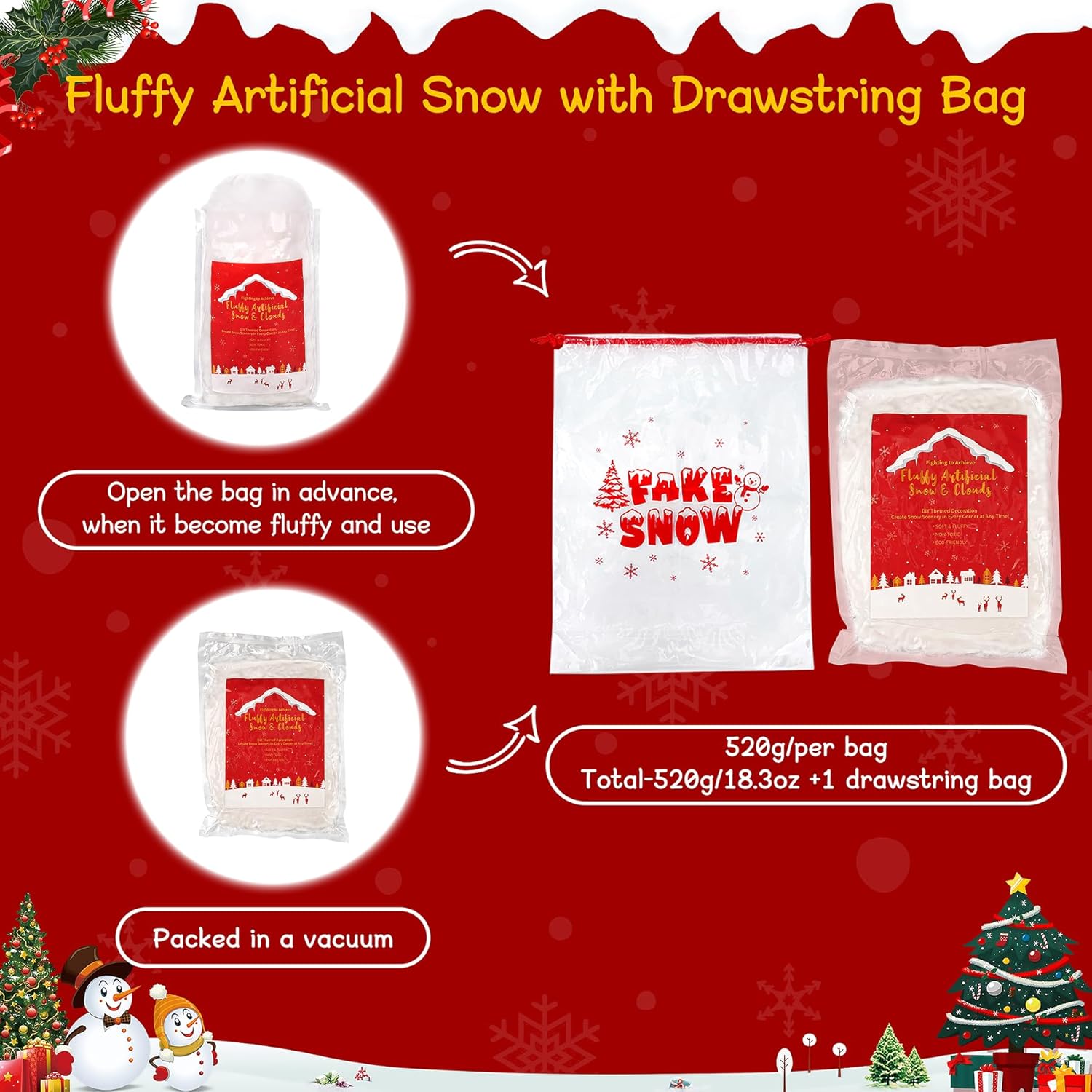Skiennix Fake Snow Decor - 520g Fluffy Artificial Snow for Christmas & Holiday Displays
