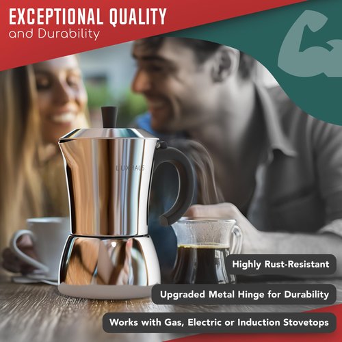 LuxHaus Moka Pot - 9 Cup Stovetop Espresso Maker - 100% Stainless Steel Italian and Cuban Mocha Coffee Maker
