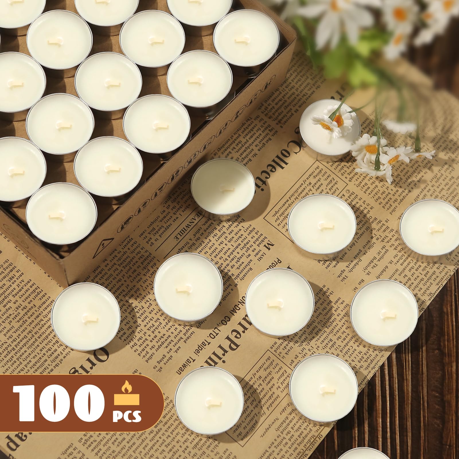 Soy Tea Lights Candles 100 Pack,4 Hours Long Burning-Natural Soy Wax Tealights Candles,Paraffin-Free,Unscented,Clean Burn Tea Lights Votive Candle Bulk for Weddings,Dinner