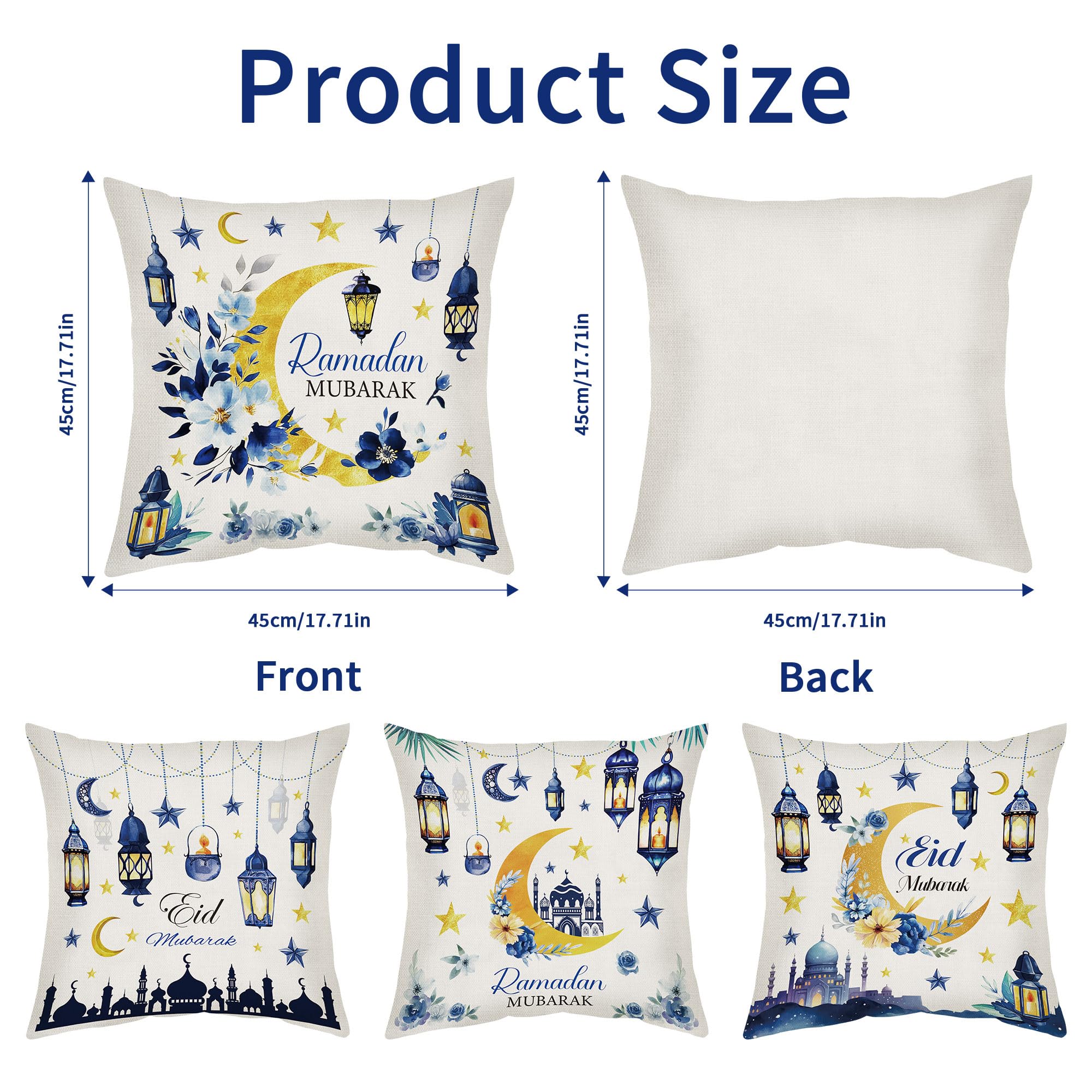CRASHOT Ramadan Pillow Covers 18 x 18, 4 Pcs Blue and Gold Moon Floral Throw Pillow Cases, Linen Ramadan Decorations for Home, Islamic Festival Holiday Decor for Sofa Couch