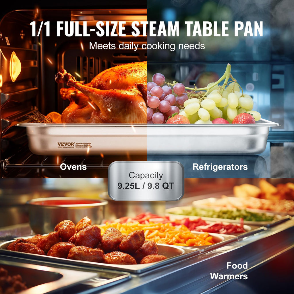 VEVOR 6 Pack Stainless Steel Hotel Pans,2.5-Inch Deep 0.8mm Thick Commercial Food Pans, Anti-Jam Catering Trays for Steam Tables, for Home, Party, Restaurant, Hotel, Buffet