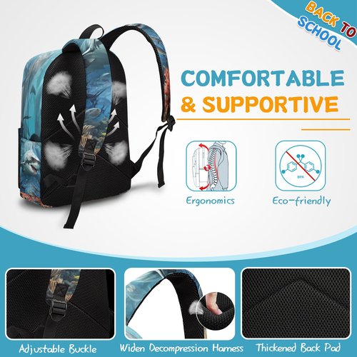 3PCS Shark Backpack Set for Boys, Large Lightweight 17 Inch Backpack with Lunch Box & Pencil Case for Kids, Back to School Bookbag for Elementary School