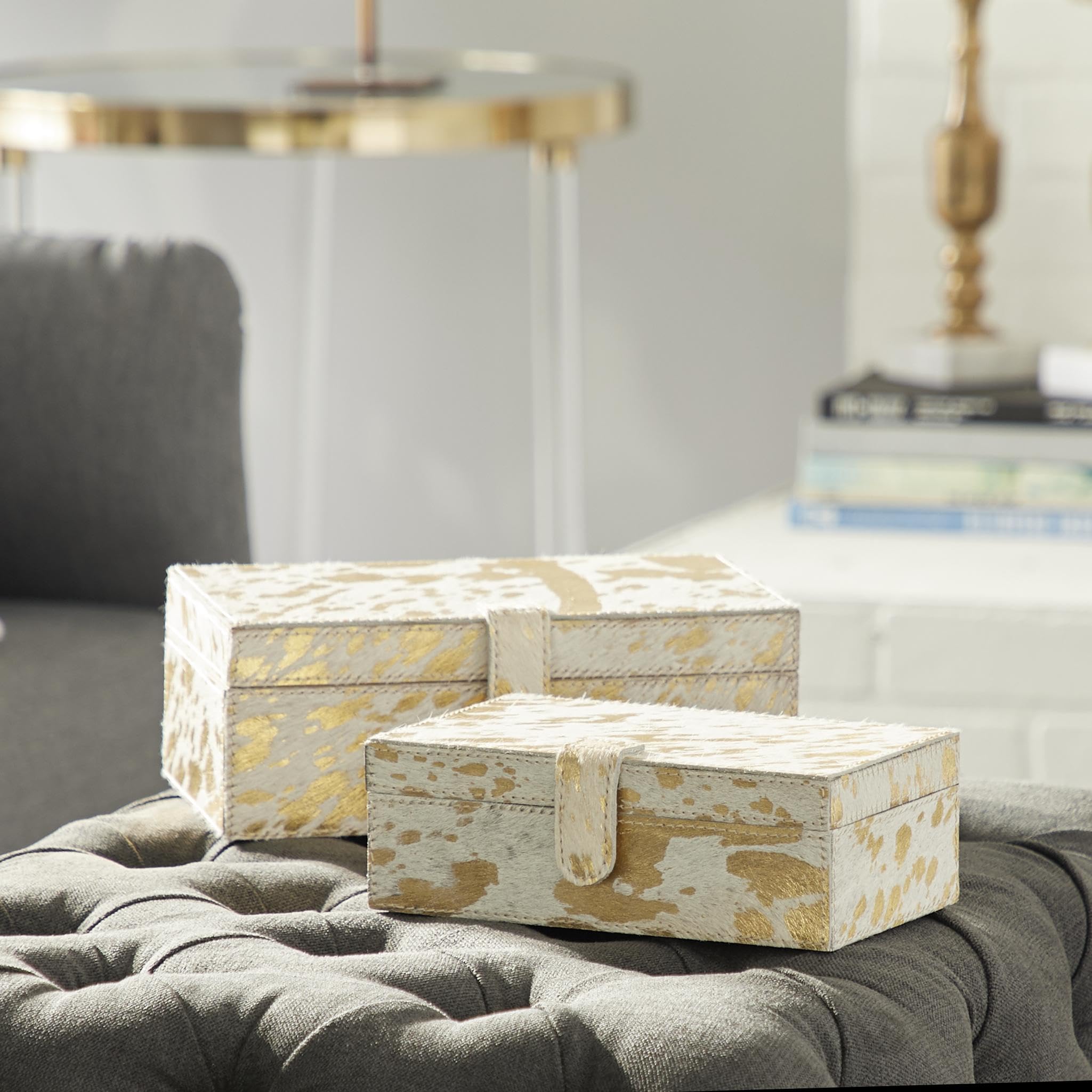 Deco 79 Leather Handmade Decorative Box Decorative Keepsake Boxes with Gold Foil Paint, Set of 2 Storage Boxes 8", 10"W, Gold