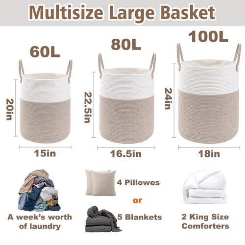 JMvicyroam Large Woven Laundry Basket - 80L Cotton Rope Storage Bin for Toys, Blankets & Clothes | Brown