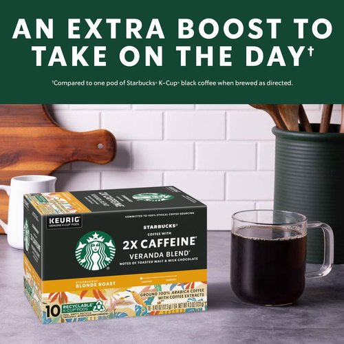Starbucks K-Cup Coffee Pods, Starbucks Blonde Roast With 2X Caffeine, Hot or Iced Coffee, Veranda Blend, 60 Keurig Pods