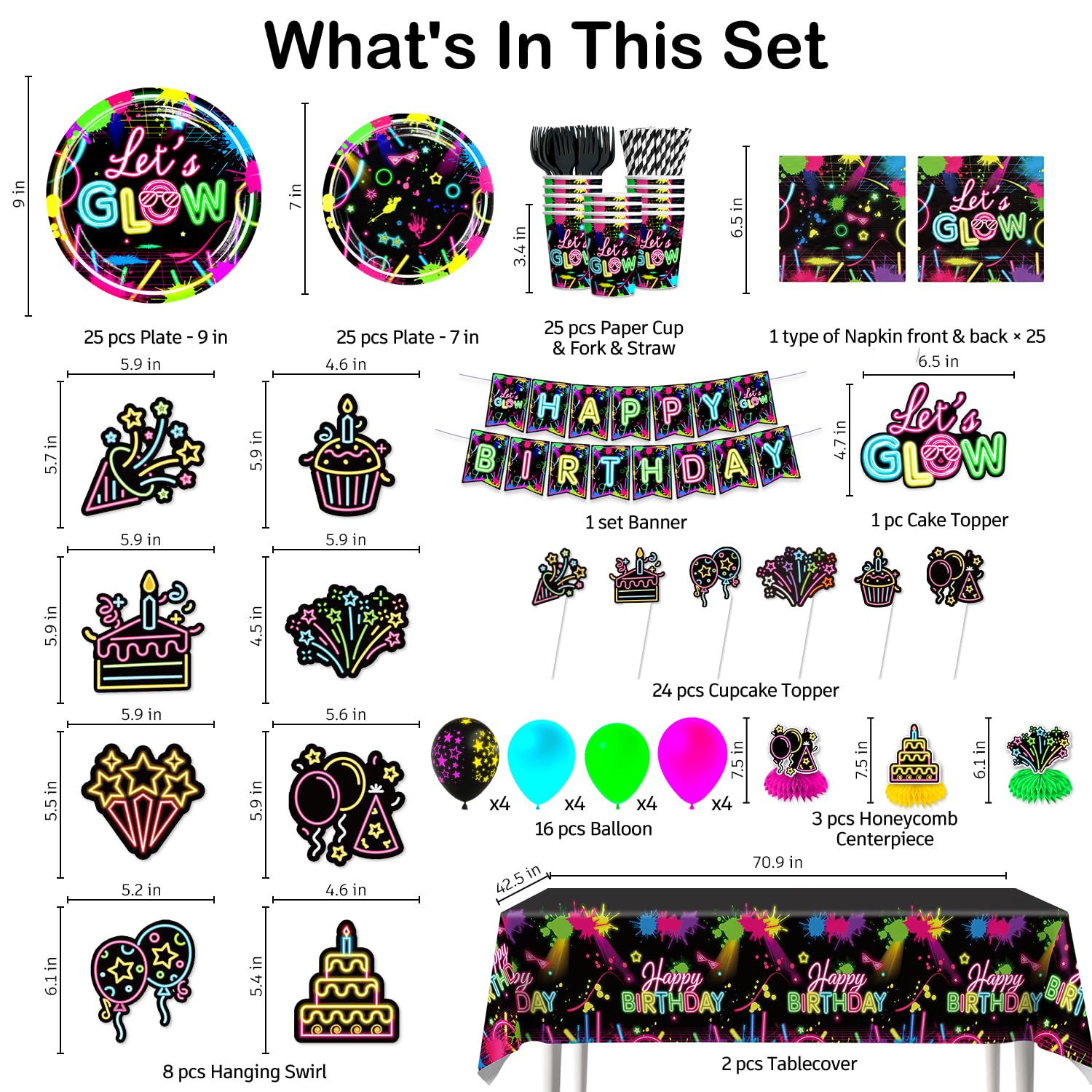 wellspar 205pcs Neon Birthday Party Decorations-Serves 25, All-in-one Glow Party Decorations with 350gsm Plate, Cake Topper, Tablecloth, Centerpiece, Banner, Hanging Swirls, Balloon