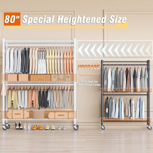 Homdox 3-Tier Garment Rack - Portable Heavy-Duty Closet Organizer with Wheels & Double Hanger Rods | White