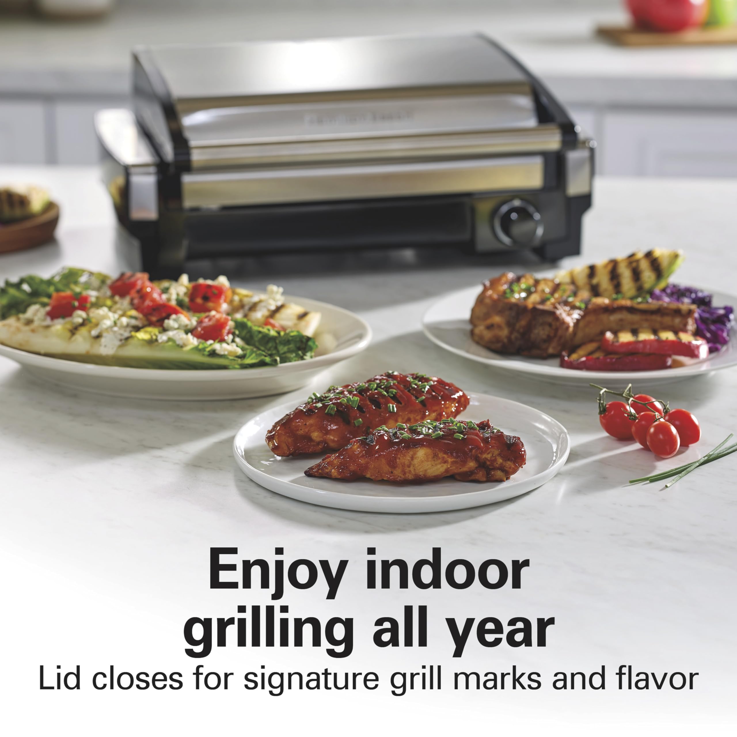 Hamilton Beach Electric Indoor Searing Grill with Adjustable Temperature Control to 450F, 118 sq. in. Surface Serves 6, PFAS-Free Removable Nonstick Grate, Stainless Steel (25360)