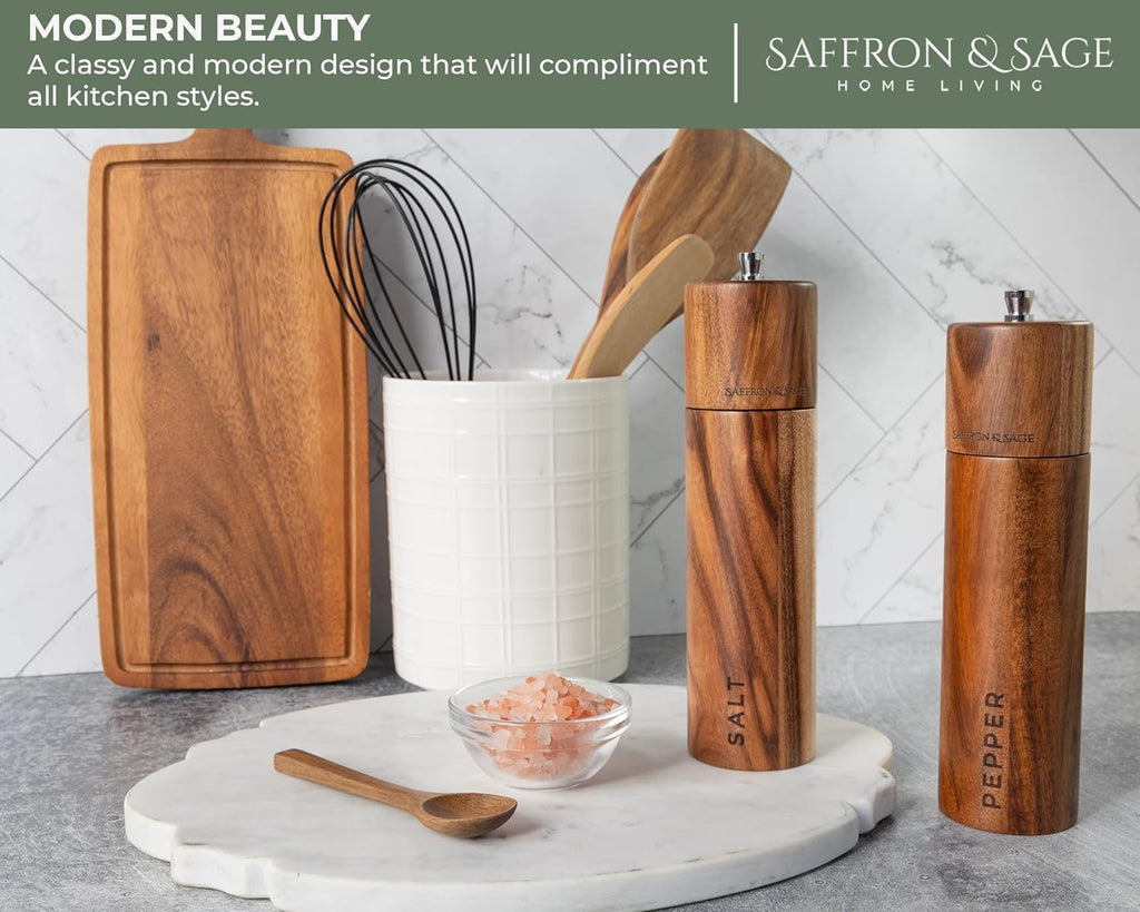Saffron & Sage Acacia Wood Salt and Pepper Grinder Set | 8” Tall, Adjustable Coarse Settings, Rust Resistant