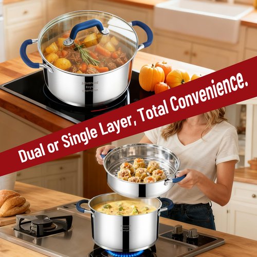 ARC 6QT Stainless Steel Stock Pot w/Steamer Basket, Multi-steamer Pot With Tempered Glass Lid for Cooking, Multipurpose Cookware with Silicone Handle for Veggies, Soup, Seafood, Induction-Ready