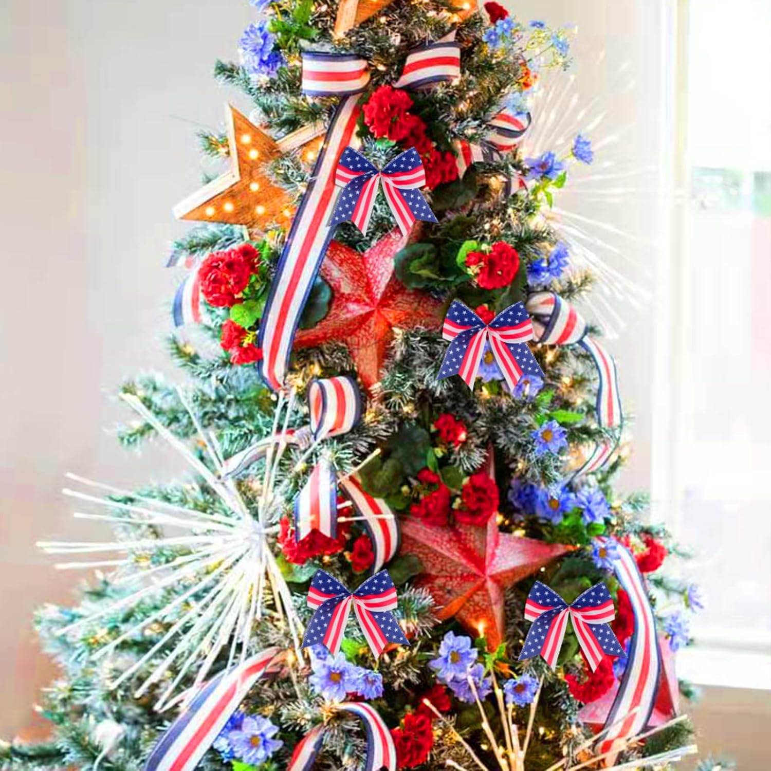 Regine Switzerland Patriotic Tree Bows - 12 Pcs 6-Inch Red, Blue & White Decorations for 4th of July & Memorial Day