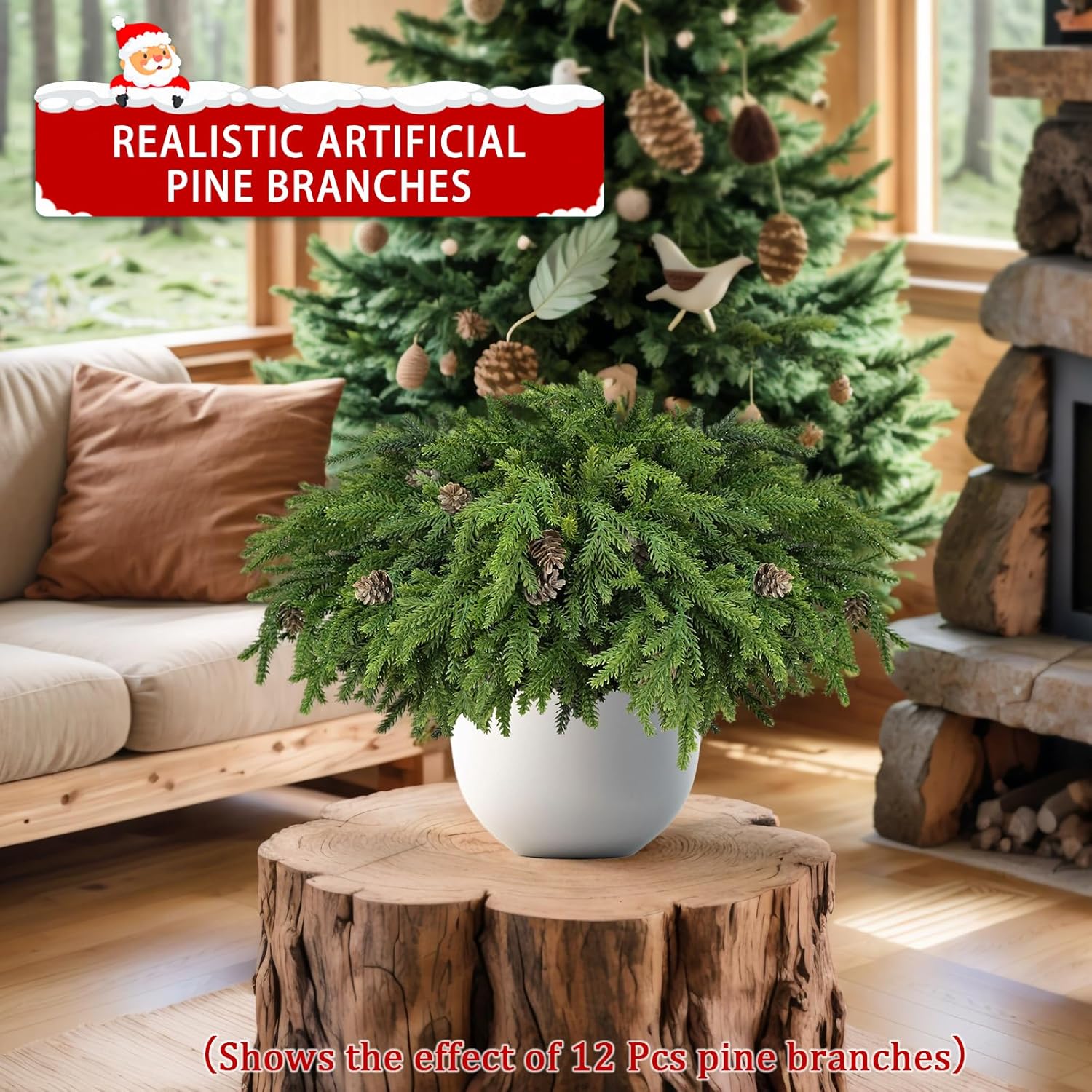 Skiennix Christmas Pine Stems - Realistic Artificial Greenery with Pinecones | 6 Pcs for Home Decor