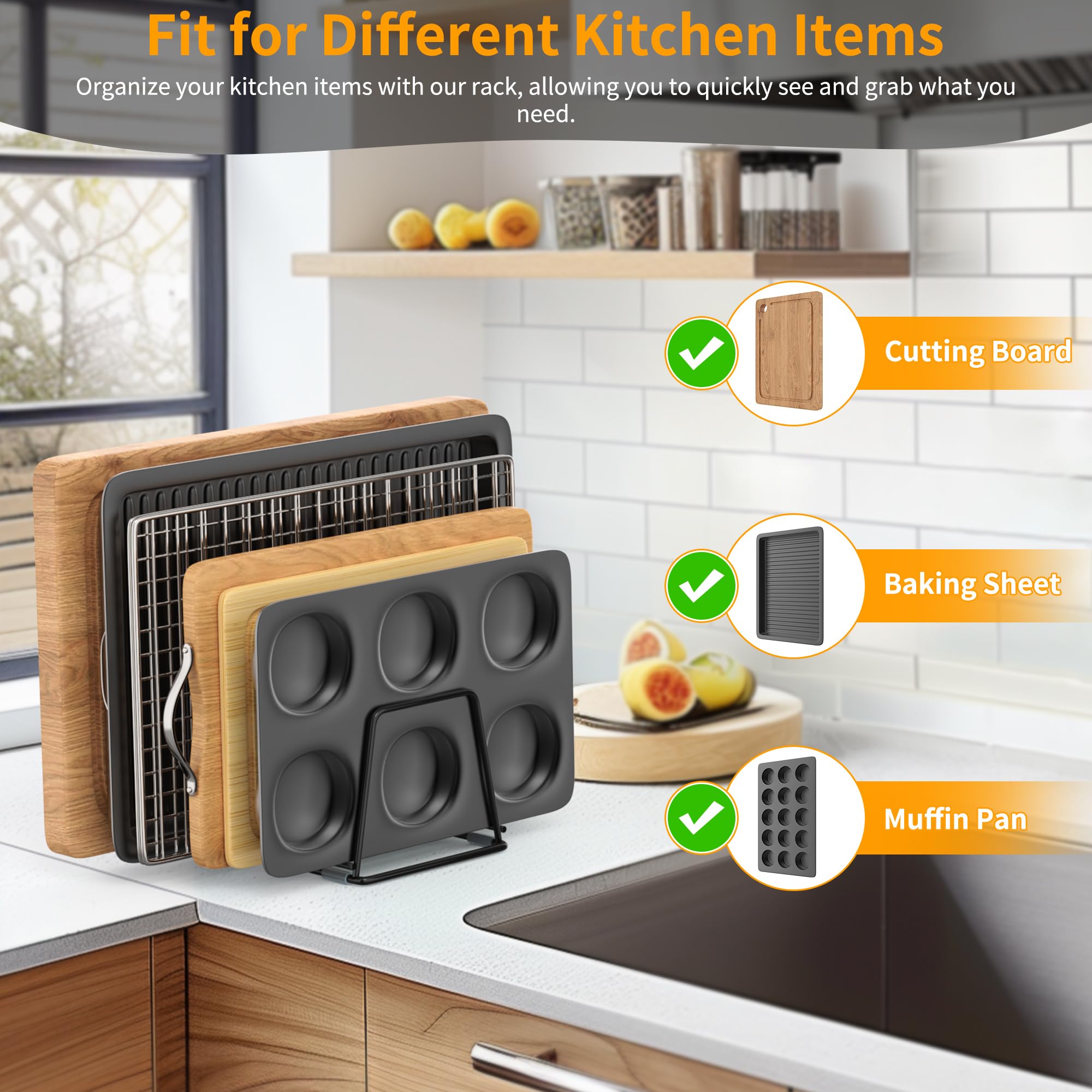 LAEMYFYRE Cutting Board Organizer Kitchen Organizer Rack for Cutting Board, Bakeware, and Cookie Sheet, 5-Slot Heavy-Duty Steel Cookware Holder,Rust-Resistant with Anti-Slip Feet (1, Small)
