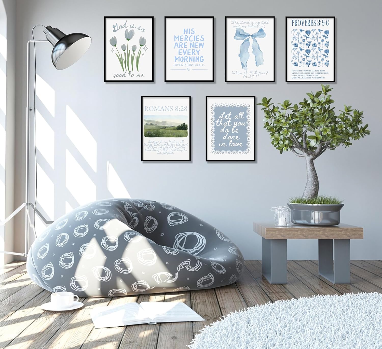 Skiennix Set of 6 Trendy Blue Christian Canvas Wall Art - Inspirational Bible Verses for Girls' Room