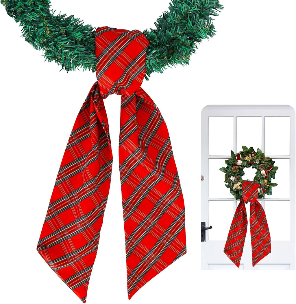 TONIFUL Wreath Sash - Red and Green Check Plaid Design | 4.5" x 56" Indoor/Outdoor Holiday Decor
