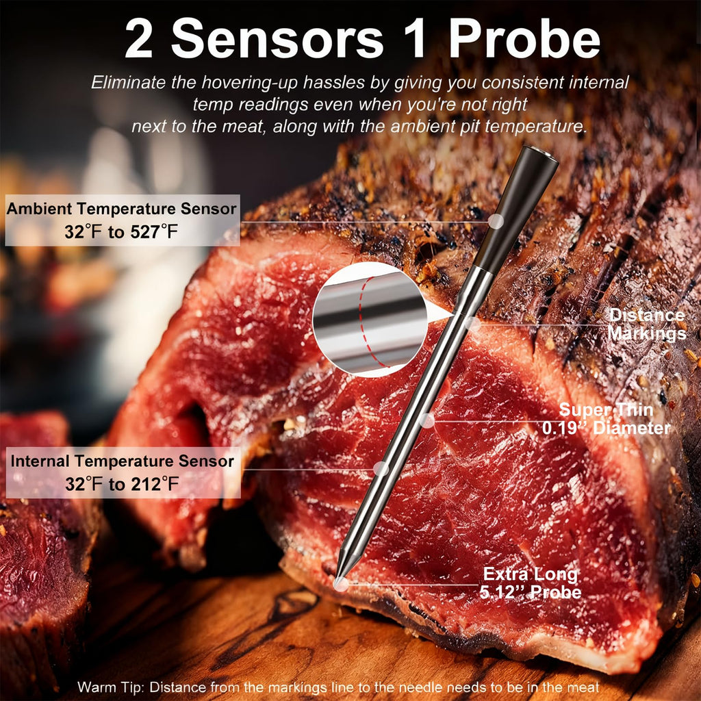Wireless Meat Thermometer Digital with 800ft Remote Range, Bluetooth 5.3 Wireless Thermometer for Cooking with Ambient Temperature and App Alert for Oven BBQ Grilling Smoking