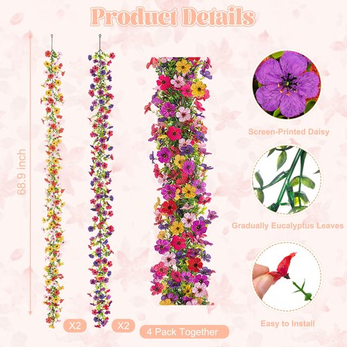 Ammyoo Artificial Flowers Garland Ivy, 4 Pack 5.9 FT Spring Summer Decor UV Resistant Fake Mums Floral Vine Silk Daisy Hanging Flower for Home Garden Wedding Decor Photo Booth Backdrop(Mix)