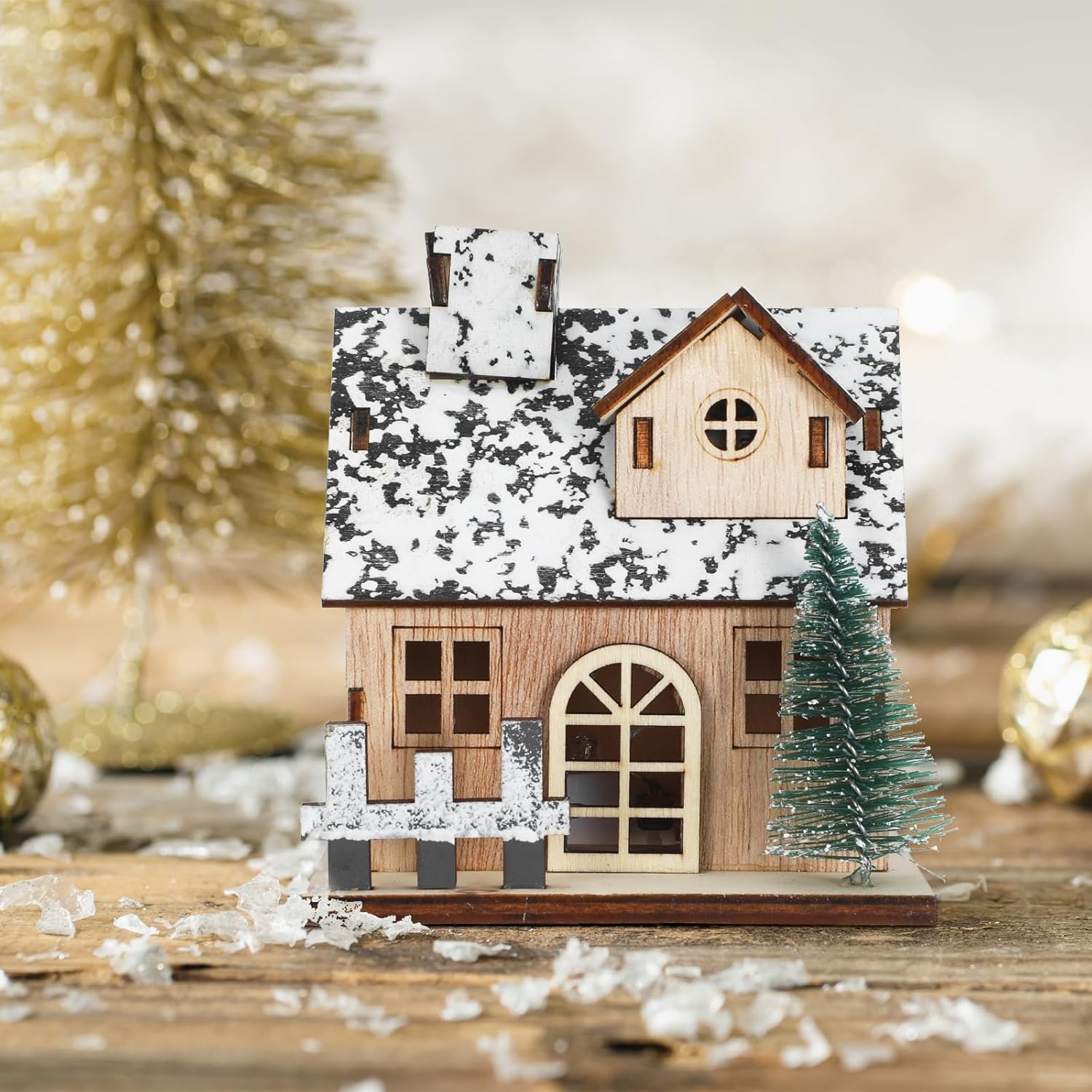 Toyvian Christmas Village Houses Set - 3 Pcs Wooden LED Lighted Ornaments for Table Decor (Brown)