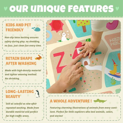Washable Kids Playroom Rug – 5x7 Play Rug for Preschool Toddlers, Baby Girls, Educational with Cute Animals – Non-Slip, Stain Resistant, Soft & Safe for Bedroom, Play Room and Classroom - Blue
