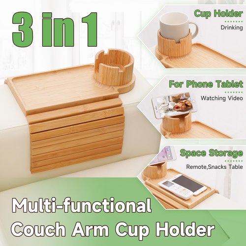SINWANT Couch Cup Holder Tray,Large Bamboo Couch Armrest Table with Cup Holder,Foldable Anti-Slip Sofa Arm Tray for Coffee Cup,Water Bottles,Mug,Snacks,Remote