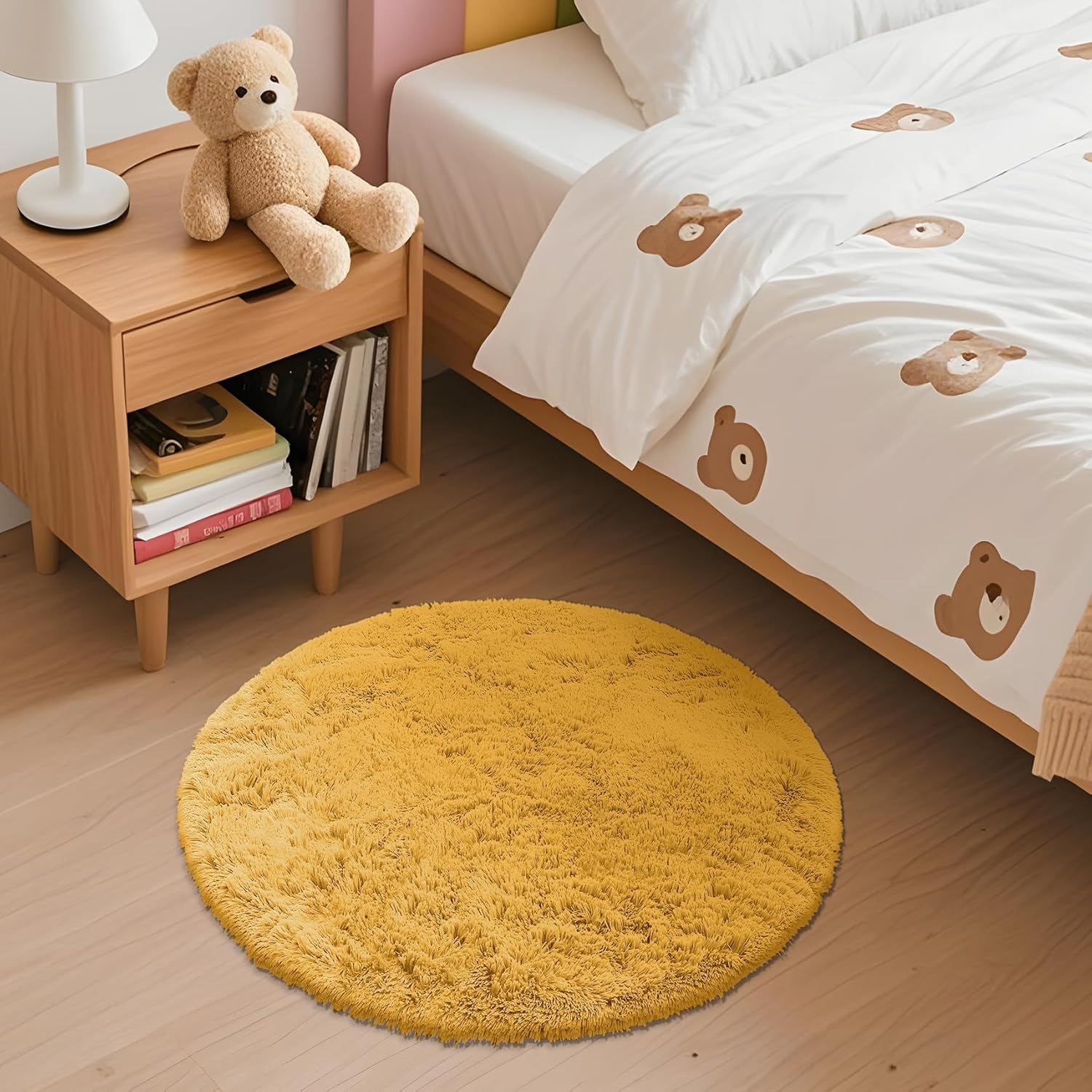 OLANLY Mustard Yellow Round Area Rug - Soft, Fluffy, Machine Washable 2 ft Circle Carpet for Bedroom & Living Room Decor