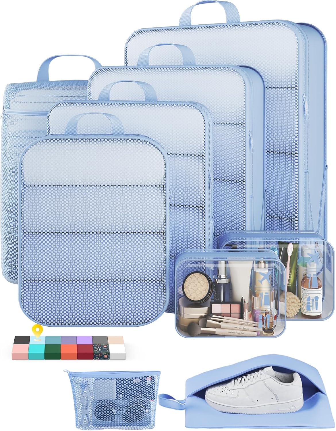 Veken Compression Packing Cubes - Expandable Travel Organizer Set | Durable Light Blue Luggage Bags