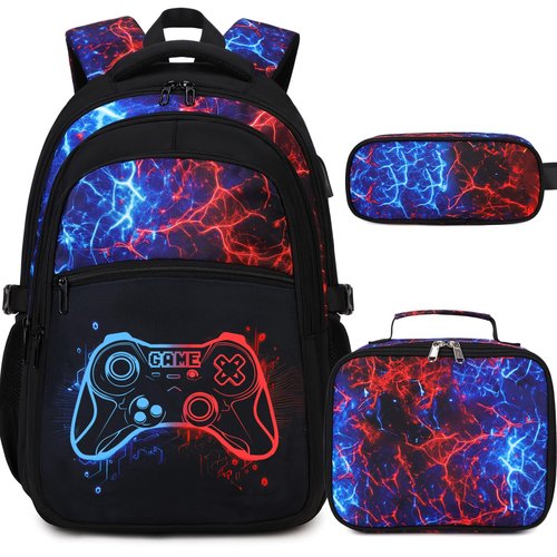 DIGOBAY Boys Backpack for School, 3PCS Cool Luminous Gamer Backpack for Boys with Lunch Box Pencil Case, Kids Backpacks Bookbag for Teen Boy Elementary Middle High School with USB Charging Port