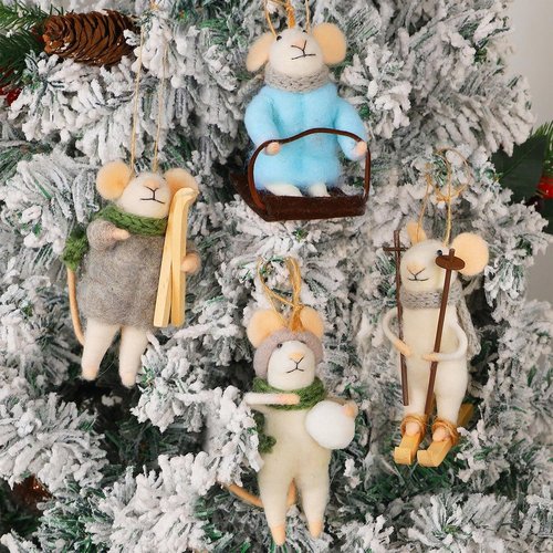 Juegoal Felt Skiing Mice Ornaments - Set of 4 Cute Winter Decor for Christmas Tree & Wreath