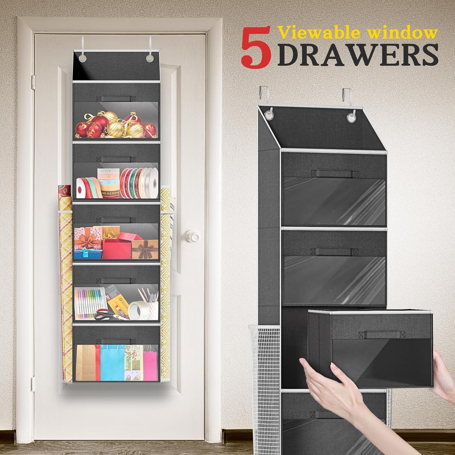 Ofiray-Home Over Door Wrapping Paper Organizer - 5 Removable Drawers & 2 Large Side Pockets for Gift Wrap Storage