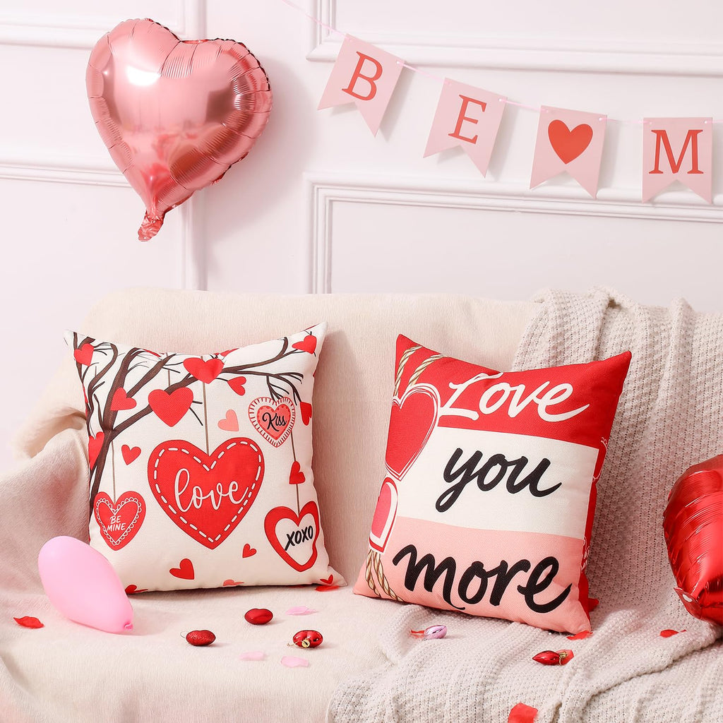 multiwins Valentine Decorations Set of 4 Double-Sided Valentine's Day Throw Pillow Covers 18" x 18", Reversible 8 Designs, with 16 pcs Heart & Love Balloons, Stickers, Complete Valentines Decor Kit