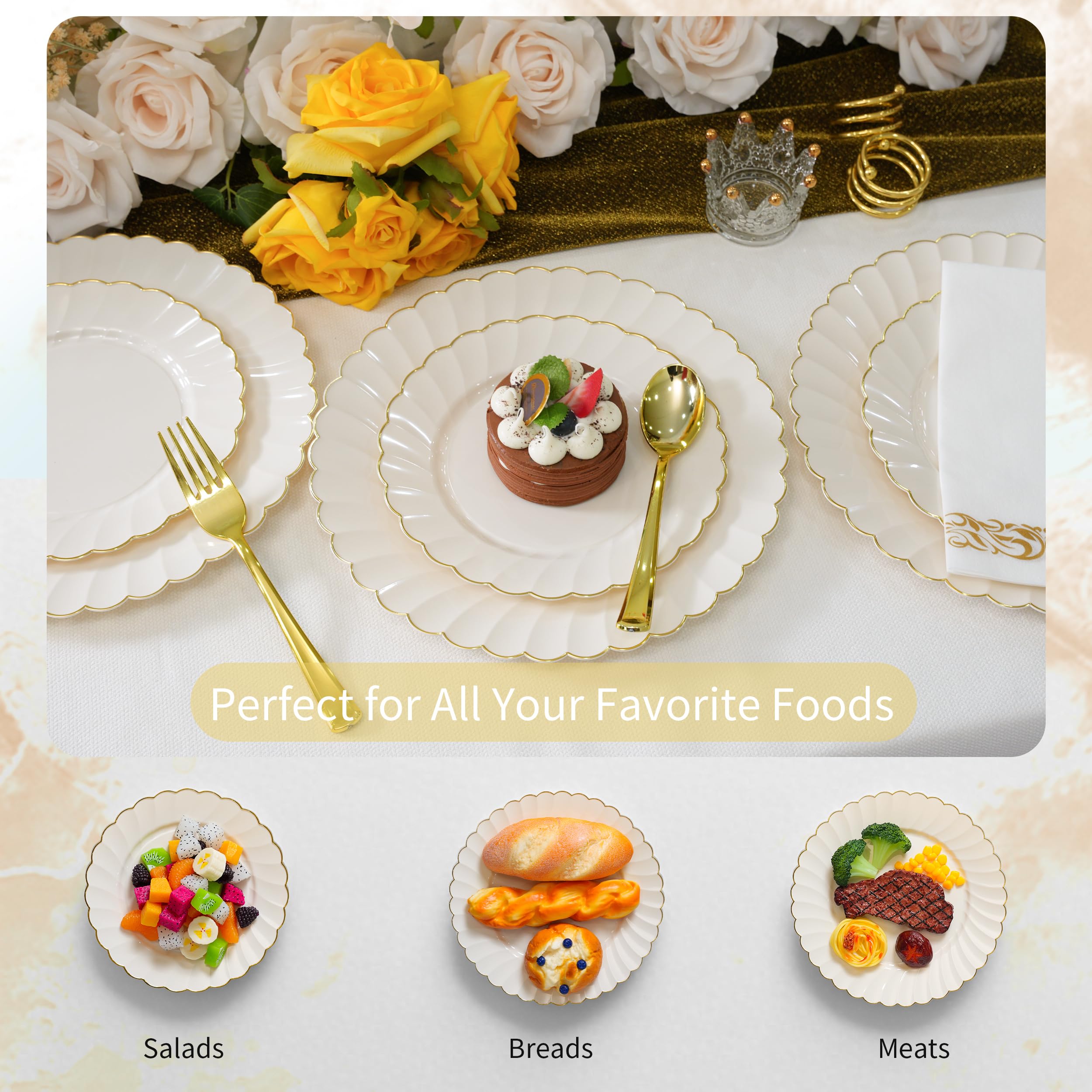 ISFANGCO175PCS Ivory Fancy Disposable Dinnerware Set-Ivory Scalloped Plastic Plates with Gold Rim -25 Dinner&25Dessert Plates, 75 Silverware Set, 25 Napkins and 25 Cups（25 Guests）