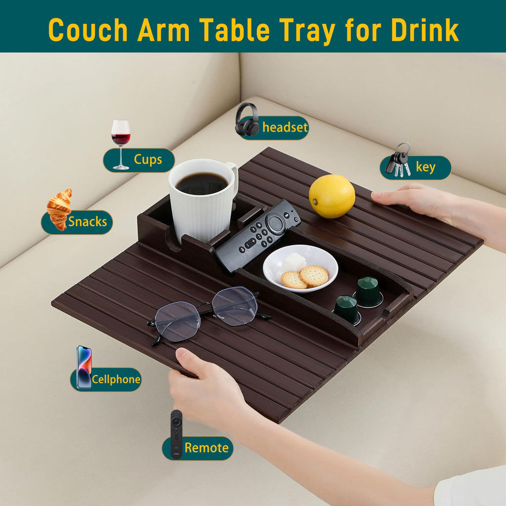 HNLISA Bamboo Couch Cup Holder Arm Tray Table，Foldable Couch Drink Holder Armrest Table，Sofa Arm Rest Tray，Flexible Arm Chair Table Recliners for Drink,Cups, Snacks, Phone, Remote (Mahogany)