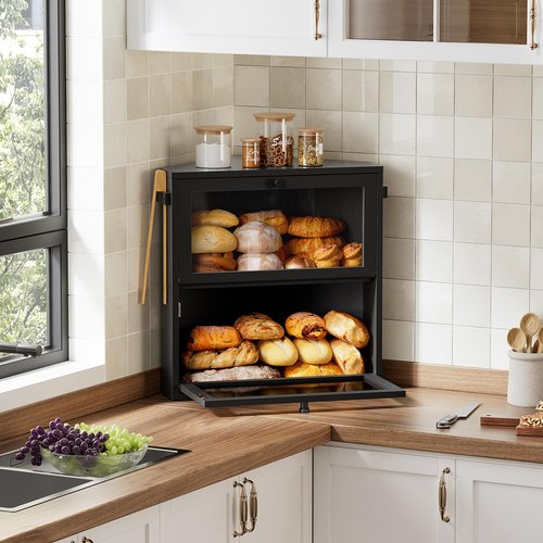 WOWLIVE Corner Bread Box for Kitchen Countertop, Large Double Layer Bread Storage Container for Homemade Bread, Black Bread Holder for Kitchen Counter, Under Cabinet Organizer (Black, Extra Large)