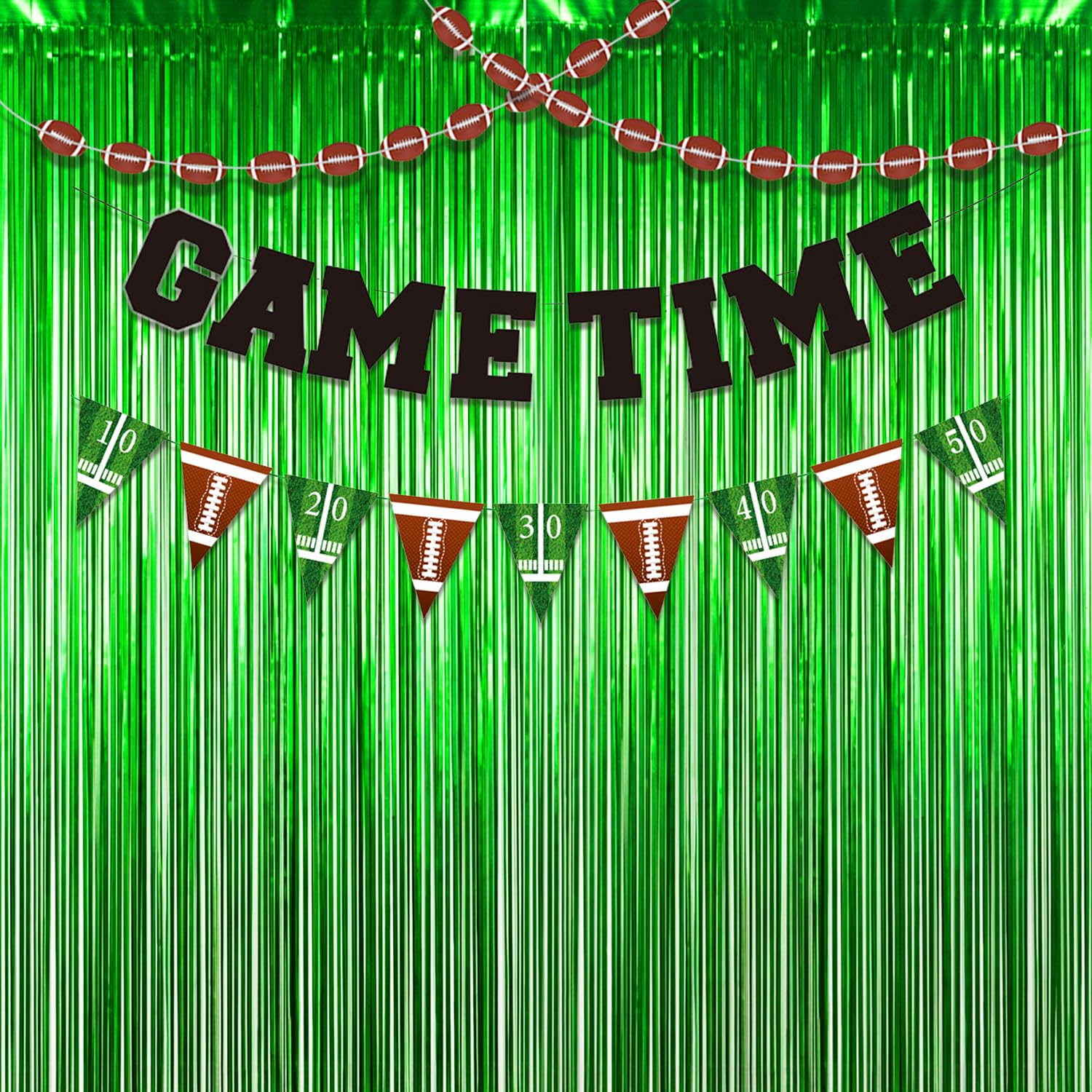 Football Party Decorations Set with Green Fringe Curtains & GAME TIME Banner – Game Day Football Decor, Football Themed Party Supplies for Birthday, Watch Party & Sports Events