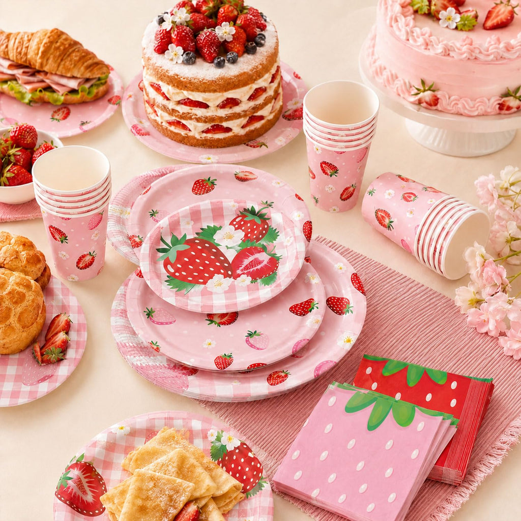 120PCS Strawberry Birthday Decorations, 7 and 9 Inch Strawberry Paper Plates, Cups, and Napkins Tableware Set for Summer Baby Shower Sweet Berry First Birthday Decorations Party Supplies, Serve 30