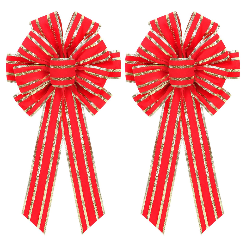 RoseCraft 2PCS Red/Gold Christmas Bow, 9”x13” Large Velvet Christmas Tree Topper Bow Ornaments for Home Xmas Tree Wreath Fence Stairs Railing Fireplace Front Door Party Valentine's Day Decoration.