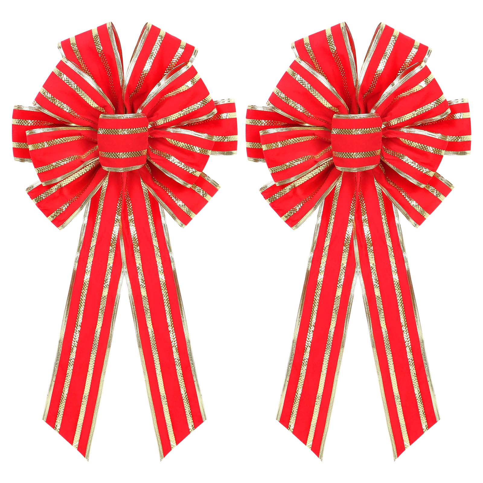 RoseCraft 2PCS Red/Gold Christmas Bow, 9”x13” Large Velvet Christmas Tree Topper Bow Ornaments for Home Xmas Tree Wreath Fence Stairs Railing Fireplace Front Door Party Valentine's Day Decoration.