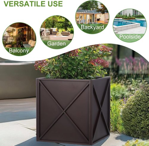 BAYN Metal Square Planter Box - Modern Heavy-Duty Outdoor Planter with Drainage Holes | Brown, 17” x 17” x 18”