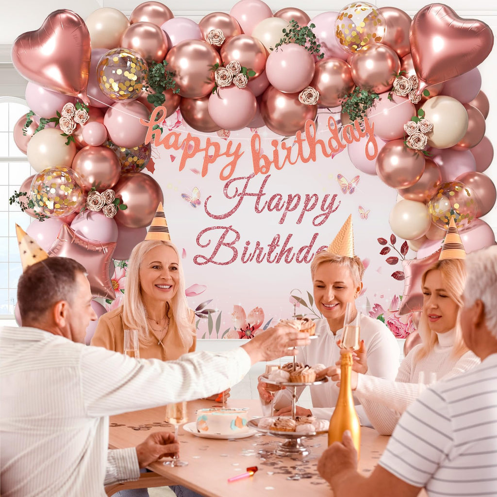 Rose Gold Birthday Decorations, Rose Gold Pink Nude Balloons Happy Birthday Banner Rose Gold Tablecloth Backdrop for Happy Birthday Decorations for Women Adults