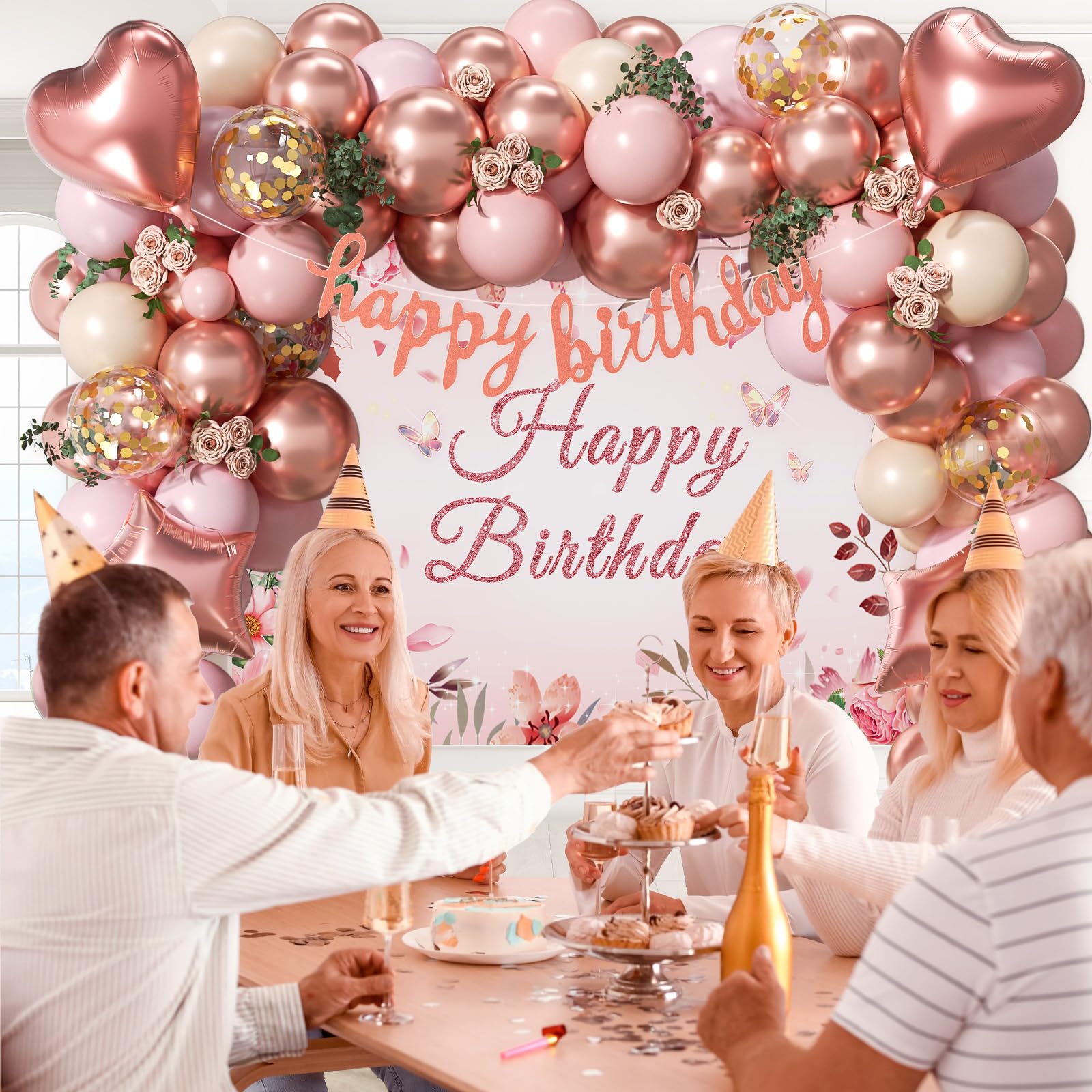Rose Gold Birthday Decorations, Rose Gold Pink Nude Balloons Happy Birthday Banner Rose Gold Tablecloth Backdrop for Happy Birthday Decorations for Women Adults
