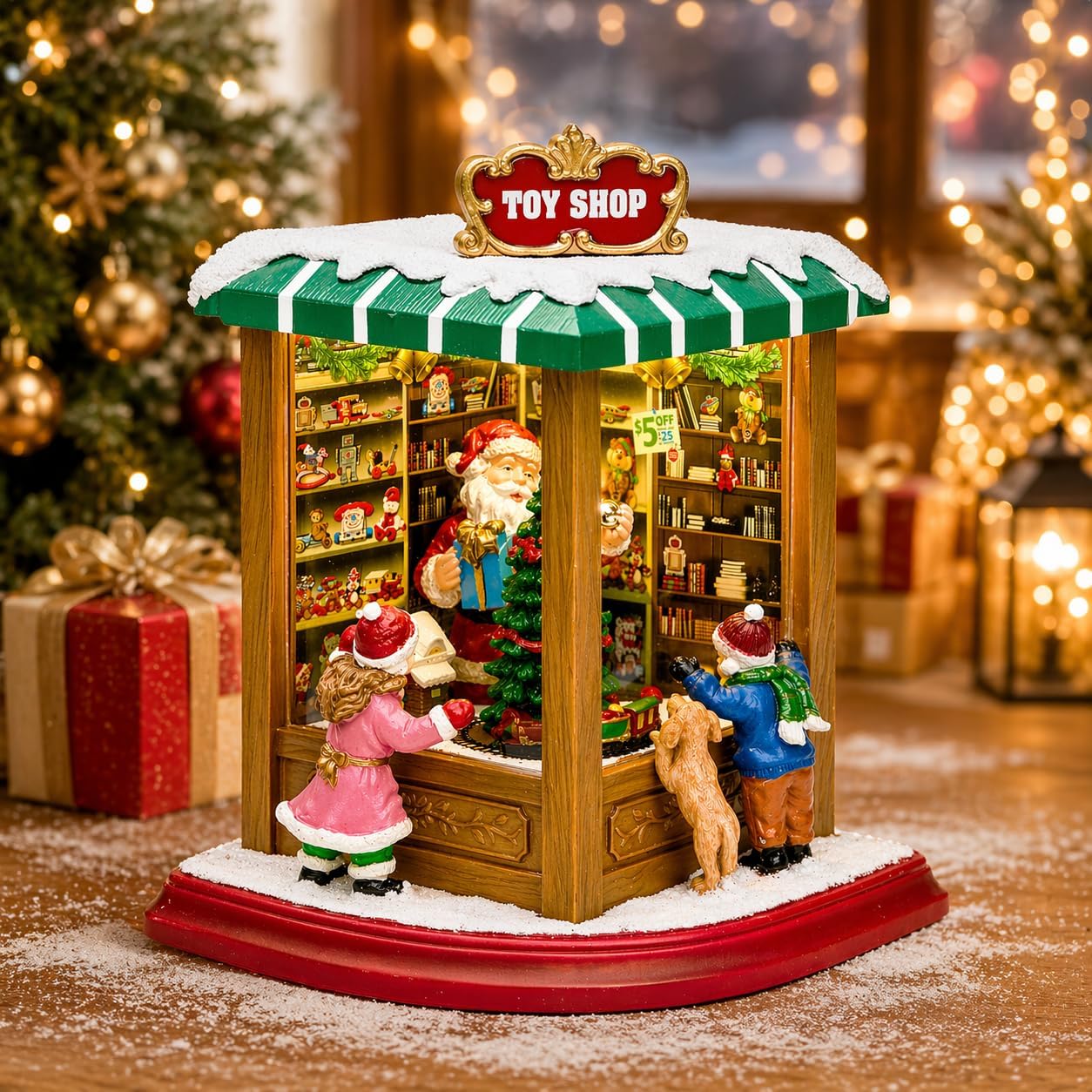 Moments In Time Lighted Santa’s Christmas Village Shop - LED Lights & Music | 8.8” Holiday Decoration